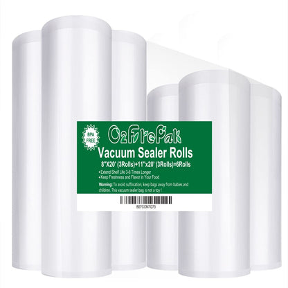 O2frepak 6RL Vacuum Sealer Bags Rolls 8"x20'(3)+11"x20'(3) for Food Storage