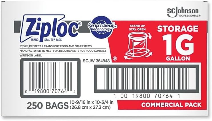 SC Johnson Professional Ziploc Storage Bags with New Grip 'n Seal Technology, For Food Organization and Storage, Double Zipper, Gallon, 250 Count
