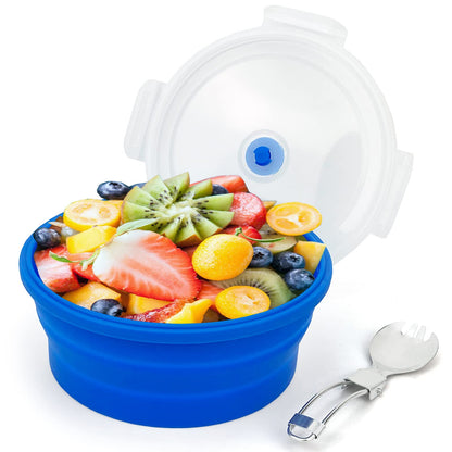 1200ml Large Collapsible Bowl With Lid, Camping Bowl with Foldable Spoon, Silicone Bento Box For Meal Prep & Food Storage, Microwave Safe, Orange