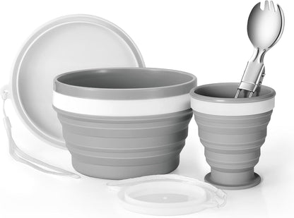 Odoland Camping Collapsible Silicone Cup and Bowl Set, Portable Mess Kit