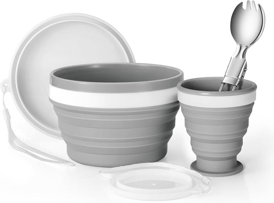Odoland Camping Collapsible Silicone Cup and Bowl Set, Portable Mess Kit