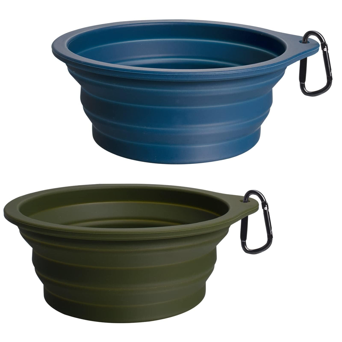 PetBonus 2-Pack Silicone Collapsible Dog Bowls, BPA Free Dishwasher Safe, Portable Foldable Expandable Travel Bowl, Food Water Feeding Cup Dish for Dogs Cats with 2 Carabiners (Light Blue & Green)