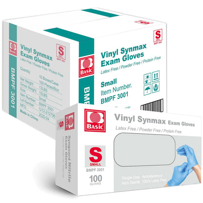 INTCO Basic Medical Synmax Vinyl Exam Gloves,Disposable Gloves - Latex-Free & Powder-Free for Medical,Cleaning,Food Safe- Large, BMPF-3003(Case of 1000,Blue)