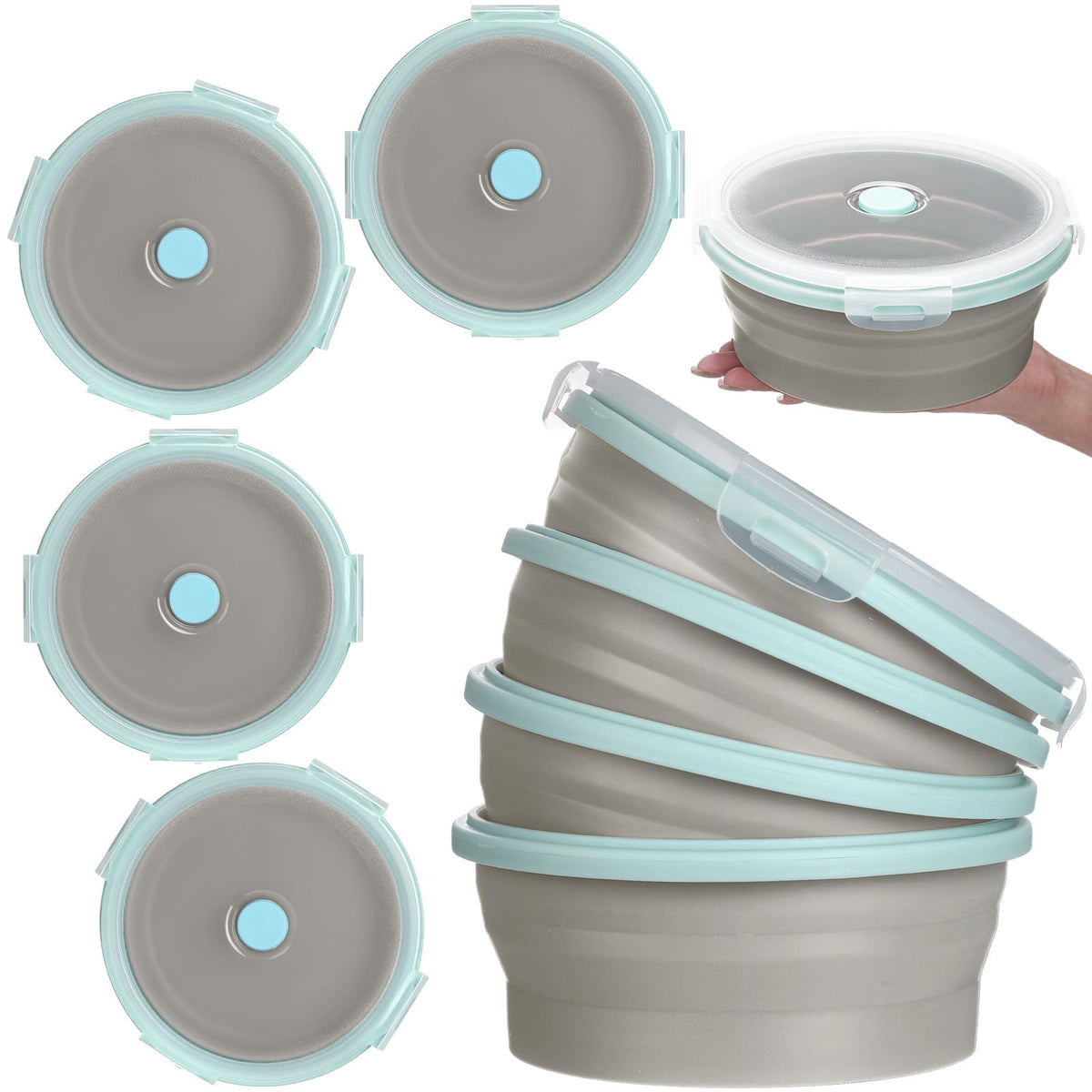 Suclain 4 Pcs Collapsible Bowls with Lids Silicone Camping Food Storage Container Expandable Folding Salad Lunch Box Travel Container for Hiking Camping