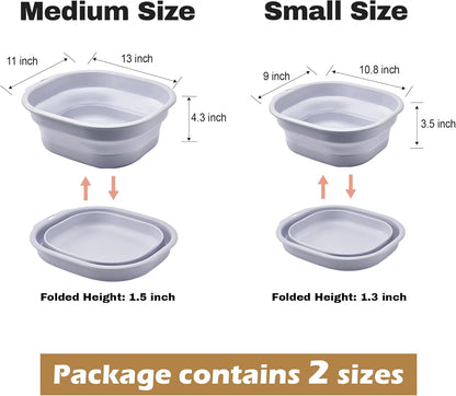 Collapsible Wash Basin Set of 2, Foldable Small Medium Size Wash Basin, Portable Plastic Basins for Laundry, Bottles, Travel, Camping (Light Blue)