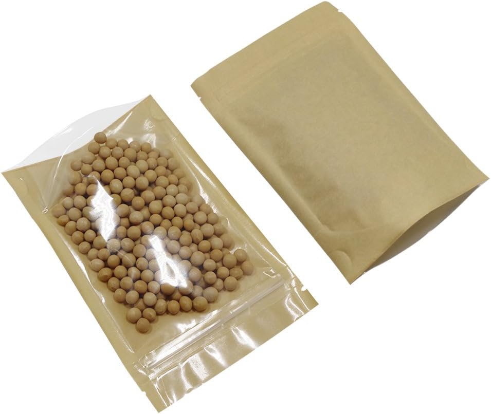 PABCK Clear Front Stand Up Kraft Paper Bags Resealable 4.7x7.9inch 50 Pcs