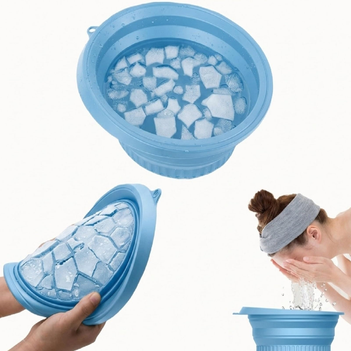 Foldable Face Ice Bath Bowl with Built-In Ice Tray (Green).