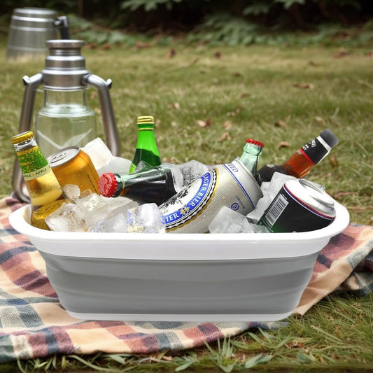 SAMMART 9.2L (2.37Gallon) Collapsible Wash Basin - Foldable Outdoor Picnic Basket - Portable Plastic Tub - Space Saving Storage Container with Size : 15.3 x 11.2 x 5.5/1.5" (M, Gray)