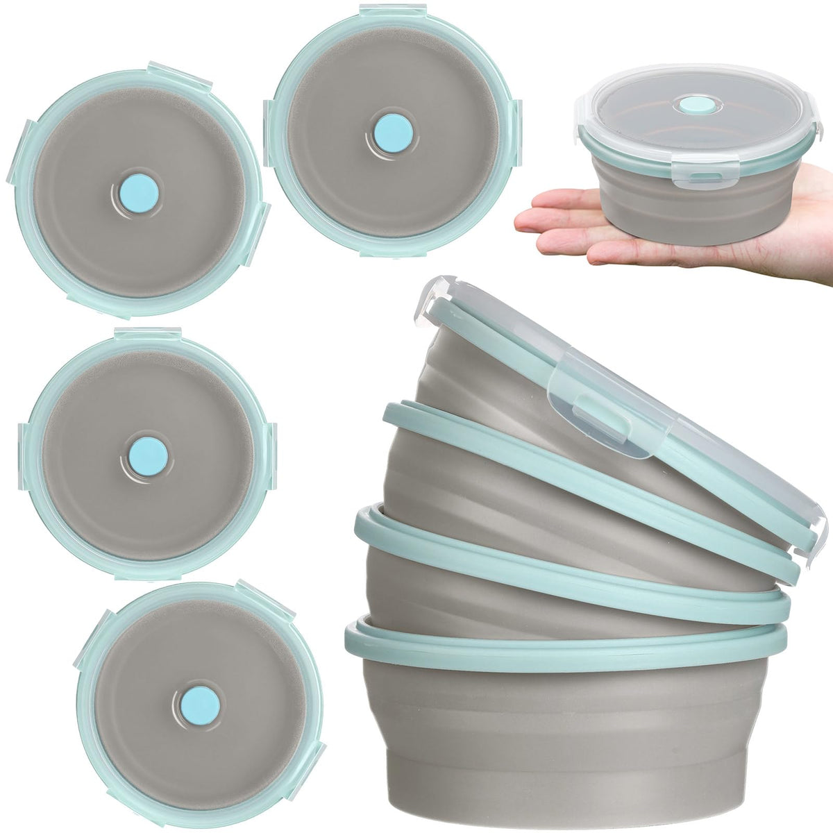 Suclain 4 Pcs Collapsible Bowls with Lids Silicone Camping Food Storage Container Expandable Folding Salad Lunch Box Travel Container for Hiking Camping