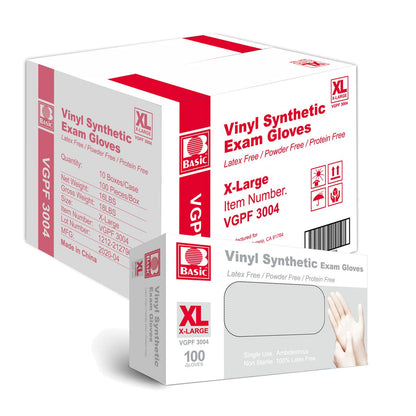 Basic Medical Clear Vinyl Exam Gloves, Latex-, Powder-Free, Case of 1,000, Large