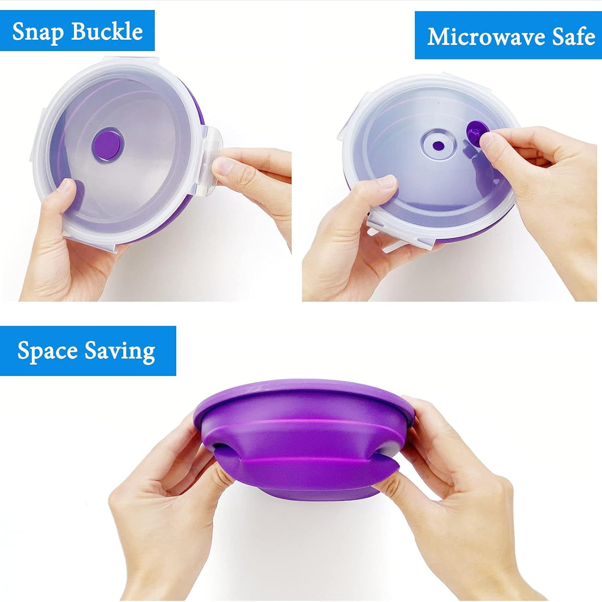 1200ml Large Camping Bowl with Foldable Spoon, Collapsible Bowl With Lid, Silicone Bento Box, For Travel Camping Meal Prep & Food Storage, Microwave Dishwasher Safe, Purple