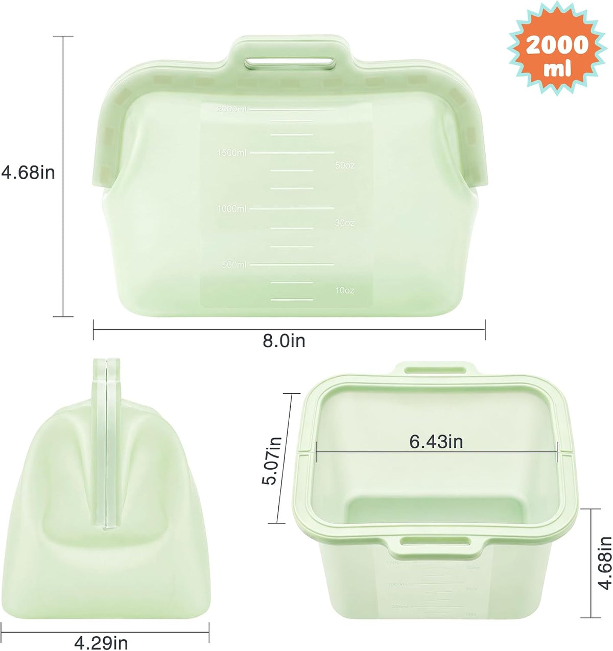 Large Reusable Silicone Food Storage Bag, 68 oz/2 L, Magnetic Seal