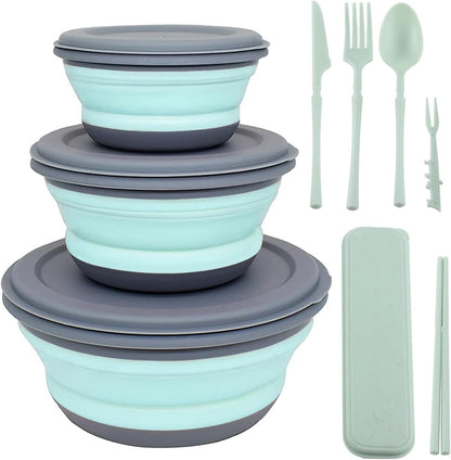 Collapsible Bowl, 3 Pcs Food Grade Silicone Camping Bowl, Expandable Salad Bowl Lunch Box with Lid & Tableware for Travel and Picnic