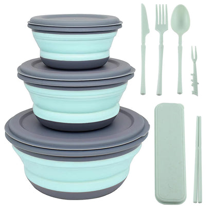 Collapsible Bowl, 3 Pcs Food Grade Silicone Camping Bowl, Expandable Salad Bowl Lunch Box with Lid & Tableware for Travel and Picnic