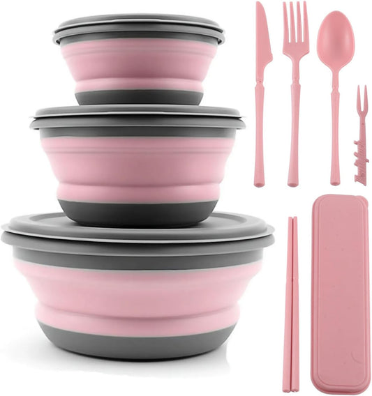 Collapsible Bowl, 3 Pcs Food Grade Silicone Camping Bowl, Expandable Salad Bowl Lunch Box with Lid & Tableware for Travel and Picnic