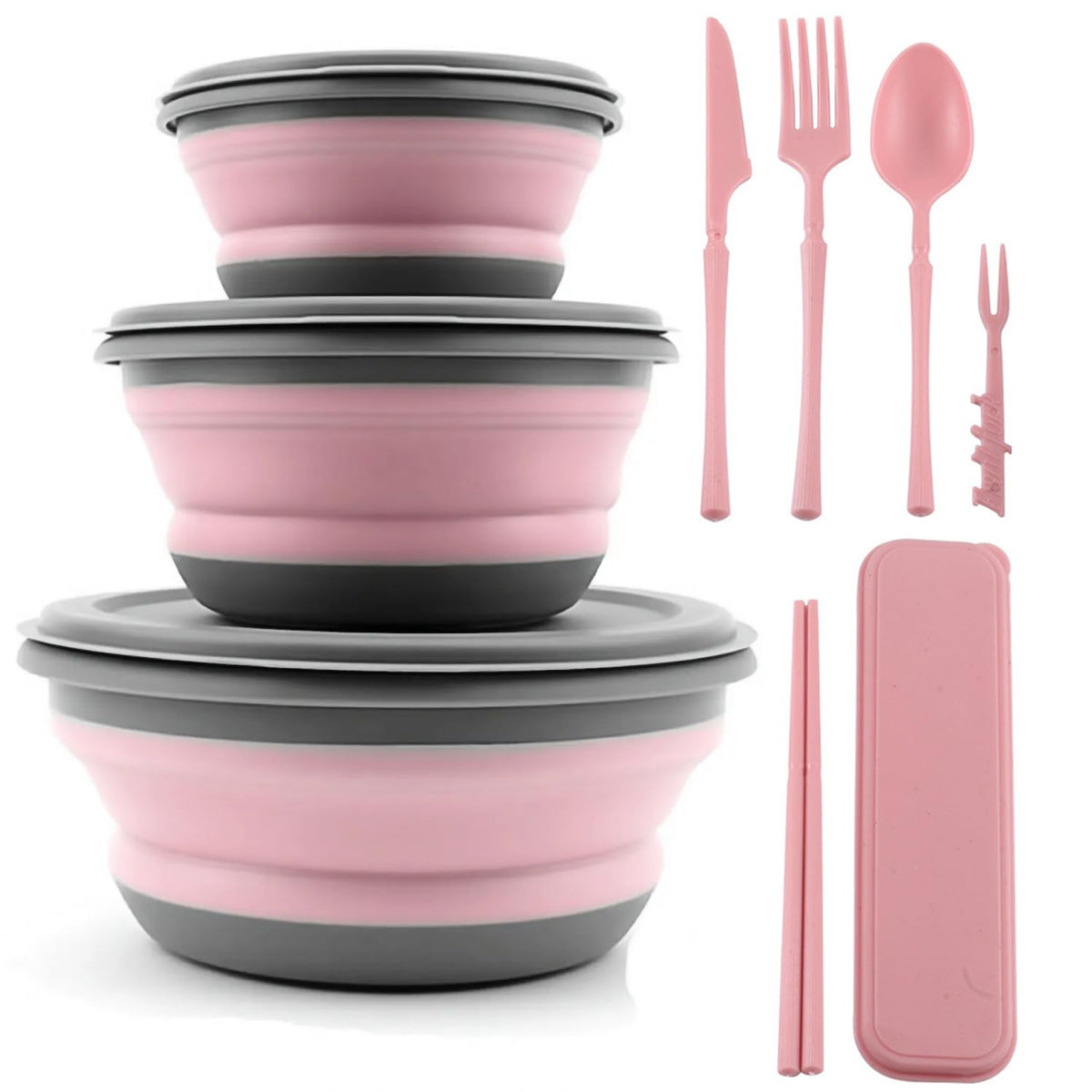 Collapsible Bowl, 3 Pcs Food Grade Silicone Camping Bowl, Expandable Salad Bowl Lunch Box with Lid & Tableware for Travel and Picnic