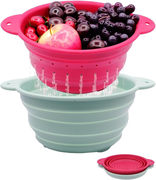 Collapsible Silicone Colander Bowl Set,BPA Free, Heat Resistant, Stainless Steel Nesting, Portable Washing Basket Strainer Drain Basin for Pasta, Vegetable and fruit, Kitchen, Camping, Hiking