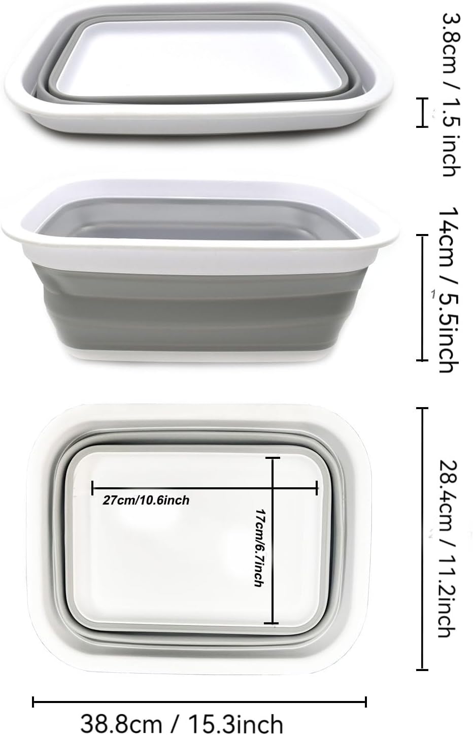 SAMMART 9.2L (2.37Gallon) Collapsible Wash Basin - Foldable Outdoor Picnic Basket - Portable Plastic Tub - Space Saving Storage Container with Size : 15.3 x 11.2 x 5.5/1.5" (M, Gray)