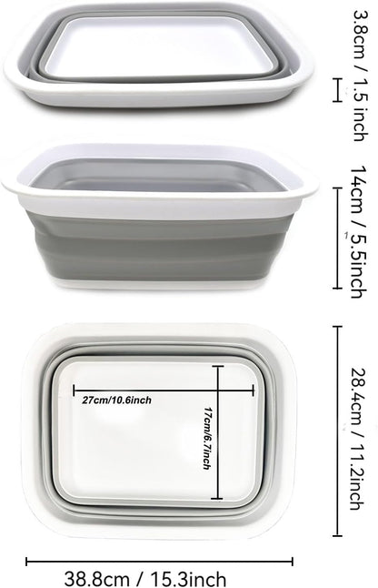 SAMMART 9.2L (2.37Gallon) Collapsible Wash Basin - Foldable Outdoor Picnic Basket - Portable Plastic Tub - Space Saving Storage Container with Size : 15.3 x 11.2 x 5.5/1.5" (M, Gray)