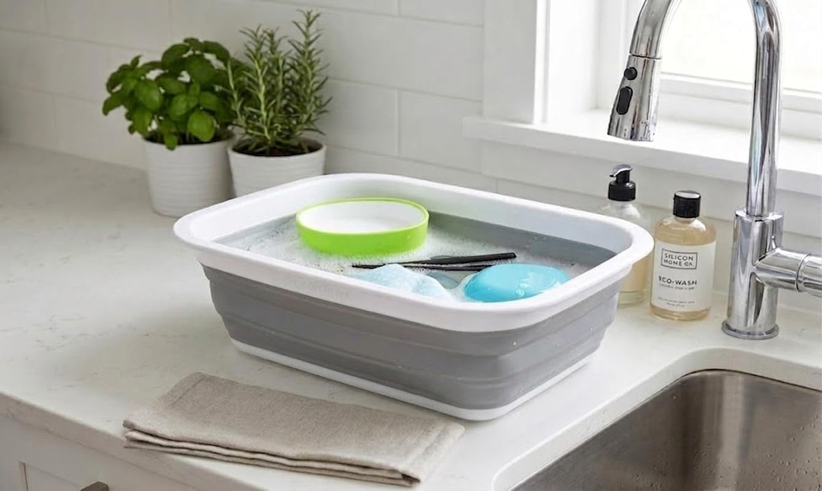 SAMMART 9.2L (2.37Gallon) Collapsible Wash Basin - Foldable Outdoor Picnic Basket - Portable Plastic Tub - Space Saving Storage Container with Size : 15.3 x 11.2 x 5.5/1.5" (M, Gray)