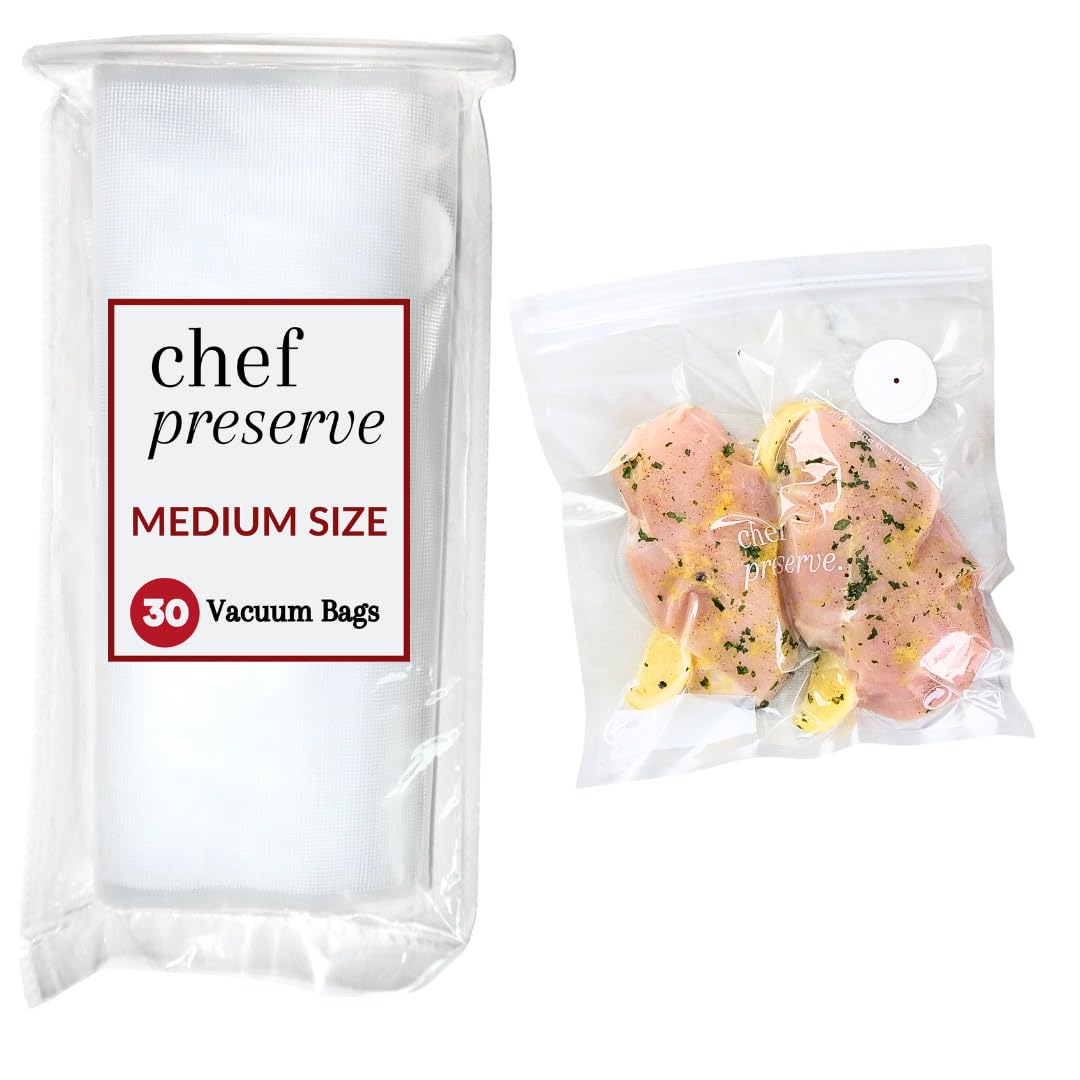 Chef Preserve Reusable Vacuum Sealer Bags for Food - 30 BPA-Free Small (8 x 10 in) Food Storage Bags, Freezer, Microwave - Odor-Resistant, Leak-Proof - Compatible with Chef Preserve Vacuum Sealers