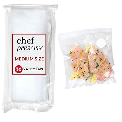 Chef Preserve Reusable Vacuum Sealer Bags for Food - 30 BPA-Free Small (8 x 10 in) Food Storage Bags, Freezer, Microwave - Odor-Resistant, Leak-Proof - Compatible with Chef Preserve Vacuum Sealers