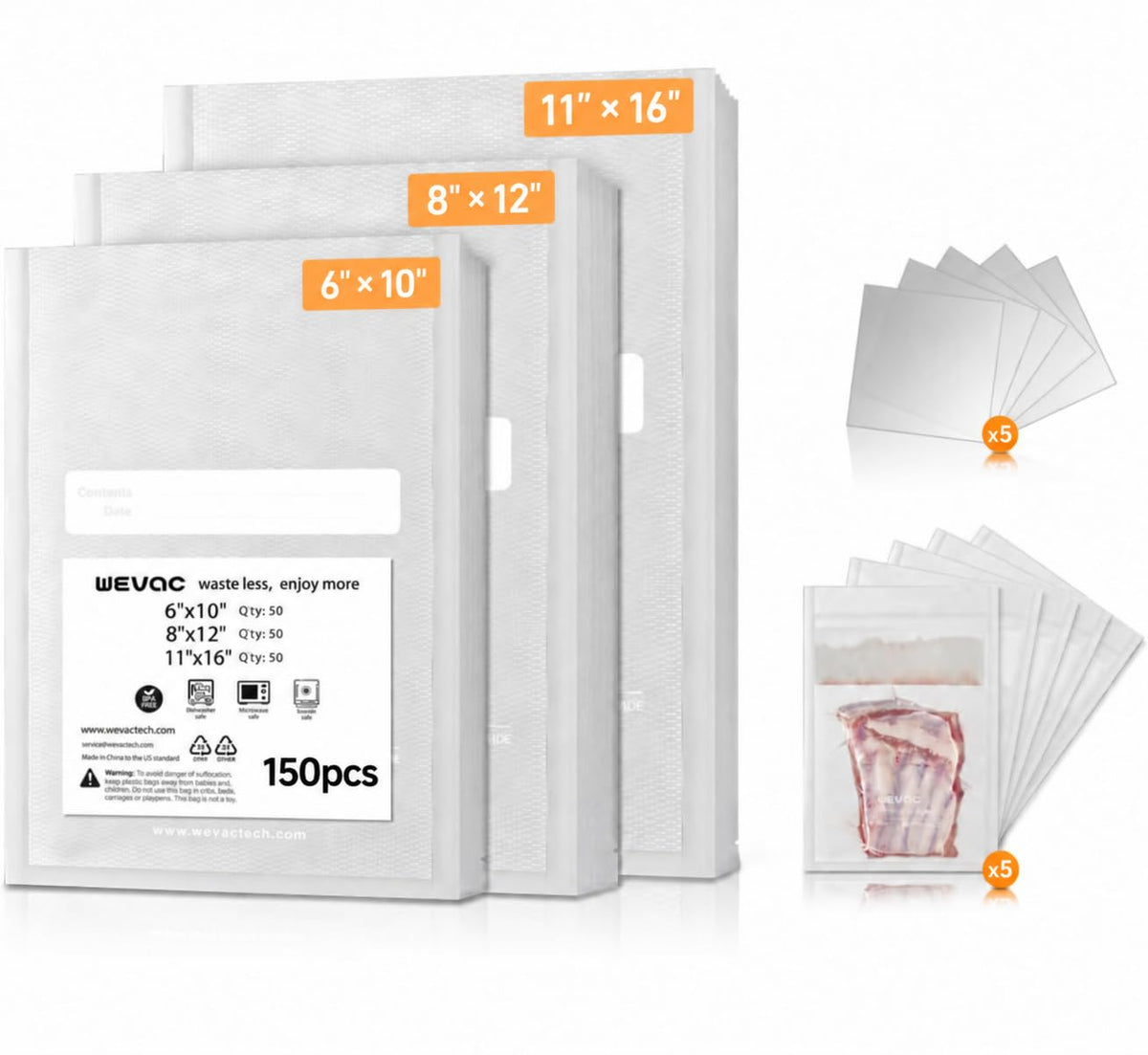 Wevac 150 Pint 6"x10" & 150 Quart 8"x12" Vacuum Sealer Bags, Keeper Box