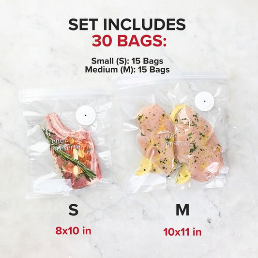 Chef Preserve Reusable Vacuum Sealer Bags for Food – 30 BPA-Free Food Storage Bags, Freezer, Microwave – Odor-Resistant, Leak-Proof – Compatible with Chef Preserve Vacuum Sealers