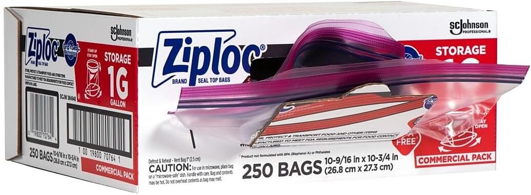 SC Johnson Professional Ziploc Storage Bags with New Grip 'n Seal Technology, For Food Organization and Storage, Double Zipper, Gallon, 250 Count