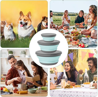 flintronic 3Pcs Collapsible Camping Bowl Sets, Portable Silicone Bowl with Lid, Folding Bowl, Portable Salad Bowl, Folding Lunch Box for Camping, Kitchen, Hiking