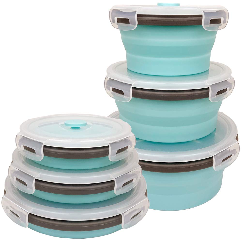 CARTINTS Silicone Collapsible Food Storage Containers-Prep/Storage Bowls with Lids – Set of 4 Round Silicone Lunch Containers – Microwave and Freezer Food Containers (Blue)