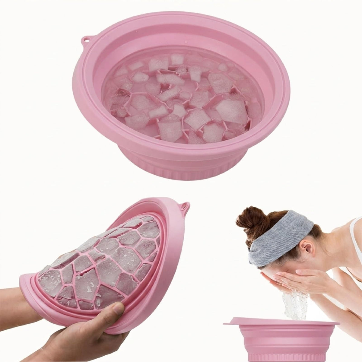 Foldable Face Ice Bath Bowl with Built-In Ice Tray (Green).