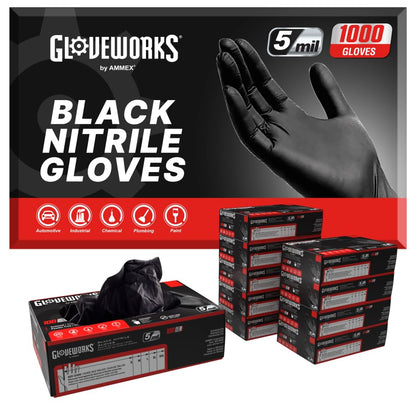 GLOVEWORKS Nitrile Gloves Disposable 5 mil Black Size Large Box of 100