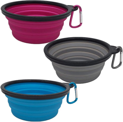 Collapsible Silicone Bowls 3 Pack (XL 25oz Each) with Color Matched Carabiner Clips - Dishwasher Safe BPA FREE Food Grade Silicone Portable Pet Bowls - Foldable for Journeys, Hiking, Kennels & Camping