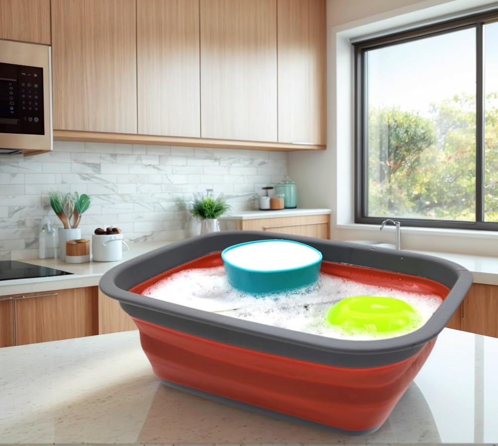 SAMMART 9.2L (2.37Gallon) Collapsible Wash Basin - Foldable Outdoor Picnic Basket - Portable Plastic Tub - Space Saving Storage Container with Size : 15.3 x 11.2 x 5.5/1.5" (M, Gray)