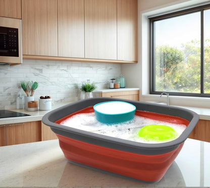 SAMMART 9.2L (2.37Gallon) Collapsible Wash Basin - Foldable Outdoor Picnic Basket - Portable Plastic Tub - Space Saving Storage Container with Size : 15.3 x 11.2 x 5.5/1.5" (M, Gray)