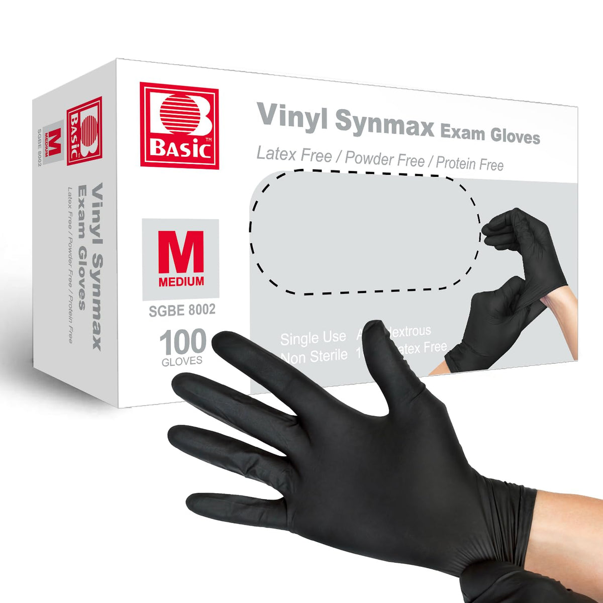 Basic Disposable Medical Synmax Vinyl Exam Gloves- 4 mil Safty Glove 1000pcs - Latex-Free & Powder-Free - SGBE 8002, Medium (Case of 1000, Black)