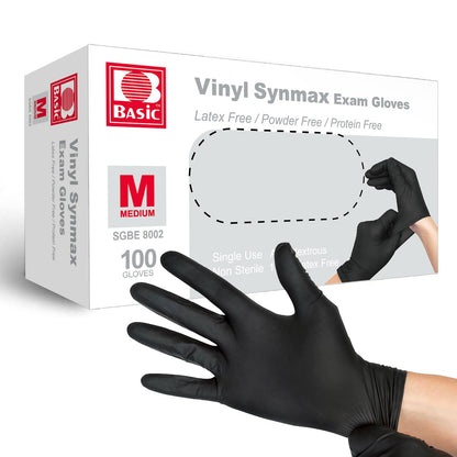 Basic Disposable Medical Synmax Vinyl Exam Gloves- 4 mil Safty Glove 1000pcs - Latex-Free & Powder-Free - SGBE 8002, Medium (Case of 1000, Black)
