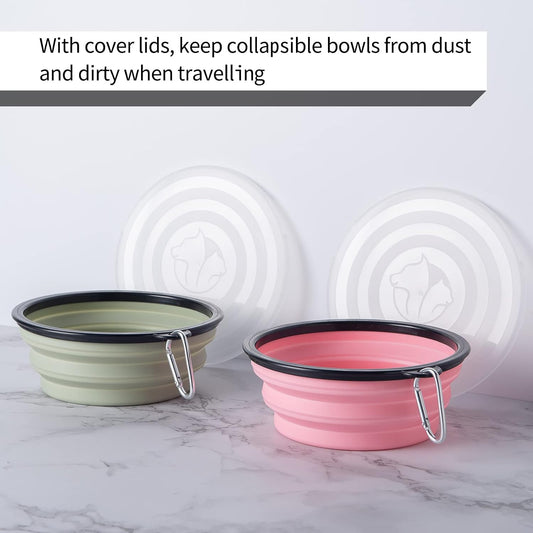 SLSON Dog Bowls Pet Collapsible Bowl with Cover Lids,2 Pack Dog Travel Bowls Portable Foldable Cat Water Dish Bowl for Pets Walking Parking Camping (Fairy Pink and Sprout Green, Large)