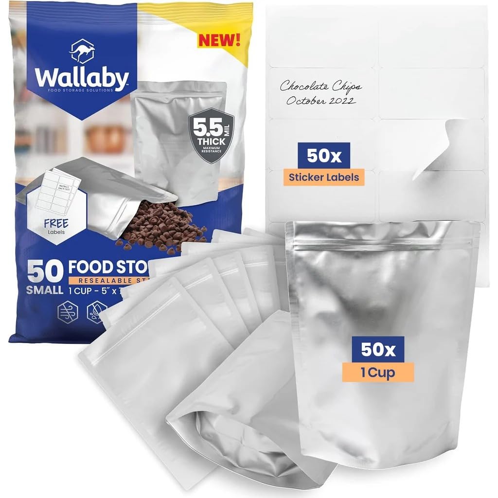 Wallaby 1-Pint Gusset 11 Mil Thick Mylar Bags, Zipper, Labels (50-Pack)