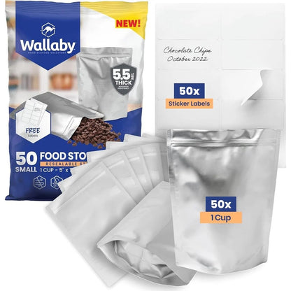 Wallaby 1-Pint Gusset 11 Mil Thick Mylar Bags, Zipper, Labels (50-Pack)