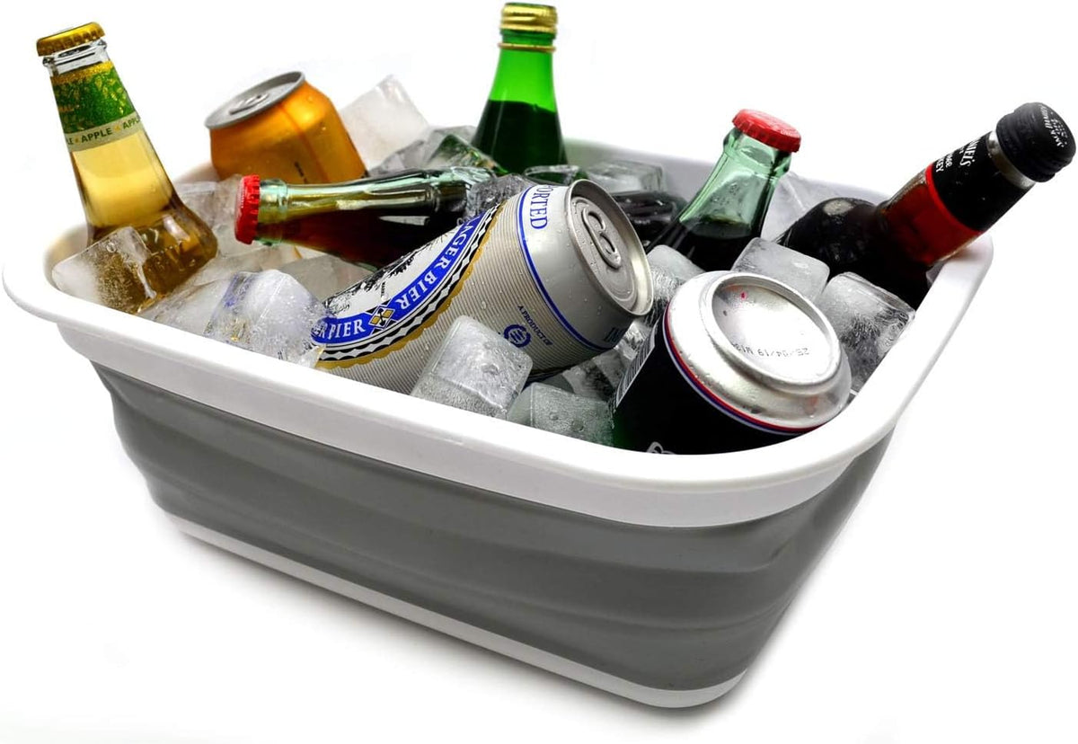 SAMMART 9.2L (2.37Gallon) Collapsible Wash Basin - Foldable Outdoor Picnic Basket - Portable Plastic Tub - Space Saving Storage Container with Size : 15.3 x 11.2 x 5.5/1.5" (M, Gray)