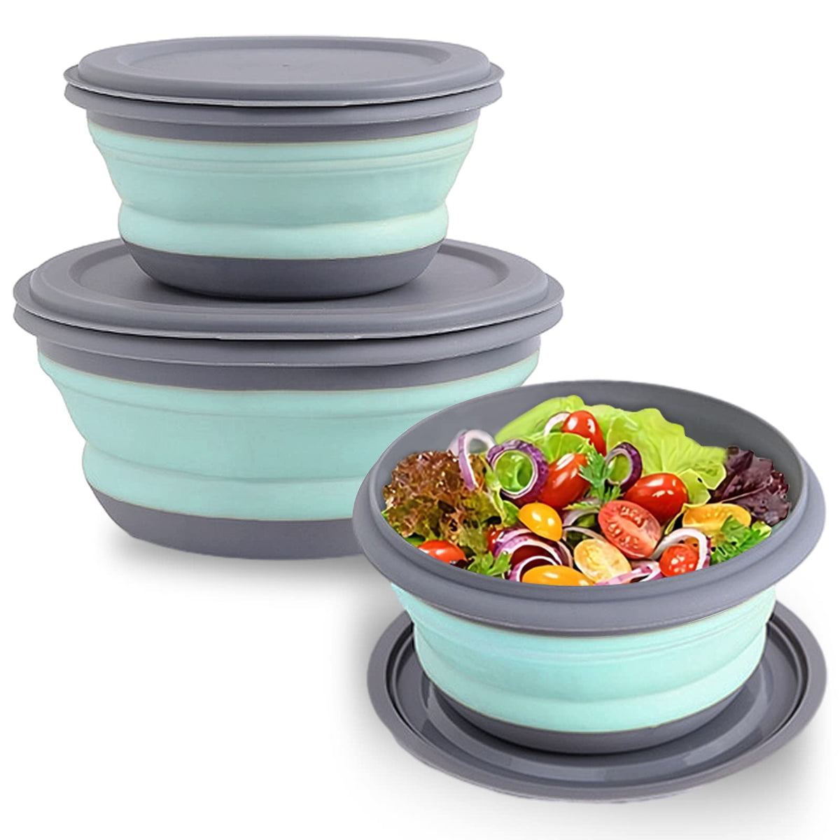 Collapsible Bowls, 3pcs Food Grade Silicone Camping Bowl Salad Bowl with lids, Portable Expandable Lunch Box Food Storage Container for Camping Travel and Picnic,Blue