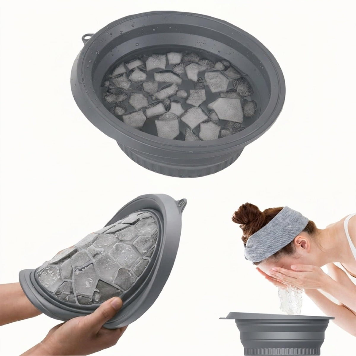 Foldable Face Ice Bath Bowl with Built-In Ice Tray (Green).