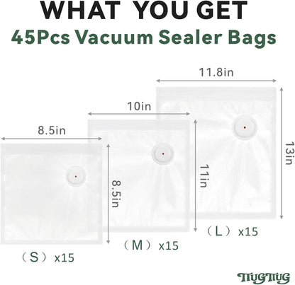 Reusable Vacuum Sealer Bags for Food 45Pcs (S/M/L), BPA-Free Sous Vide Bags for Microwave Heating, Cooking and Freezer Storage, Compatible with Most Handheld Sealers and Vacuum Sealer Machines