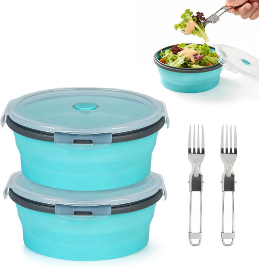 ColorCoral Collapsible Camping Bowl with Lid & Fork Silicone 42oz,2-Pack