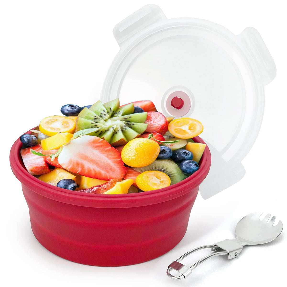 1200ml Large Camping Bowl with Foldable Spoon, Collapsible Bowl With Lid, Silicone Bento Box, For Travel Camping Meal Prep & Food Storage, Microwave Dishwasher Safe, Purple