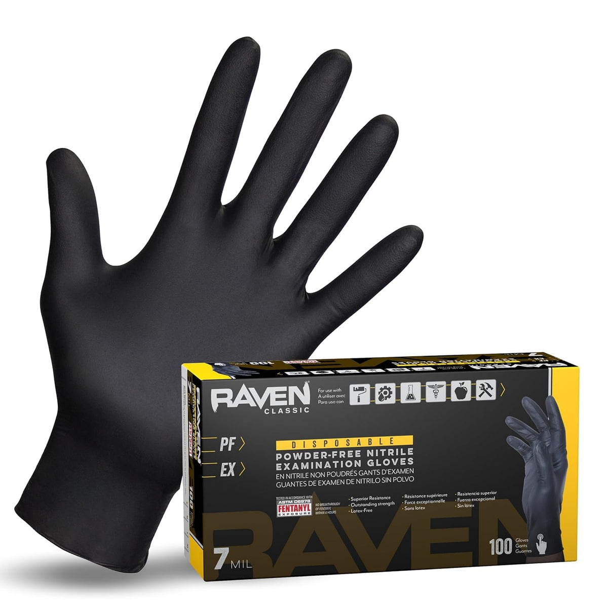 Raven Powder Free Nitrile Disposable Gloves | 7 Mil | Latex Free, Chemical + Puncture Resistant, Single Use |