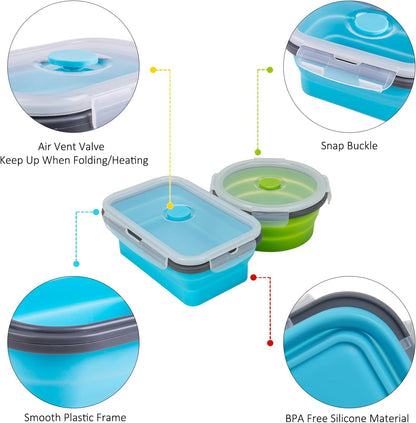 Collapsible Food Storage Containers with Lid & Air Vent, 8 Pack, 4 Rectangular + 4 Round, Annaklin Foldable Silicone Lunch Containers Collapsible Bowls Set, Microwave Freezer Dishwasher Safe, 4 Colors
