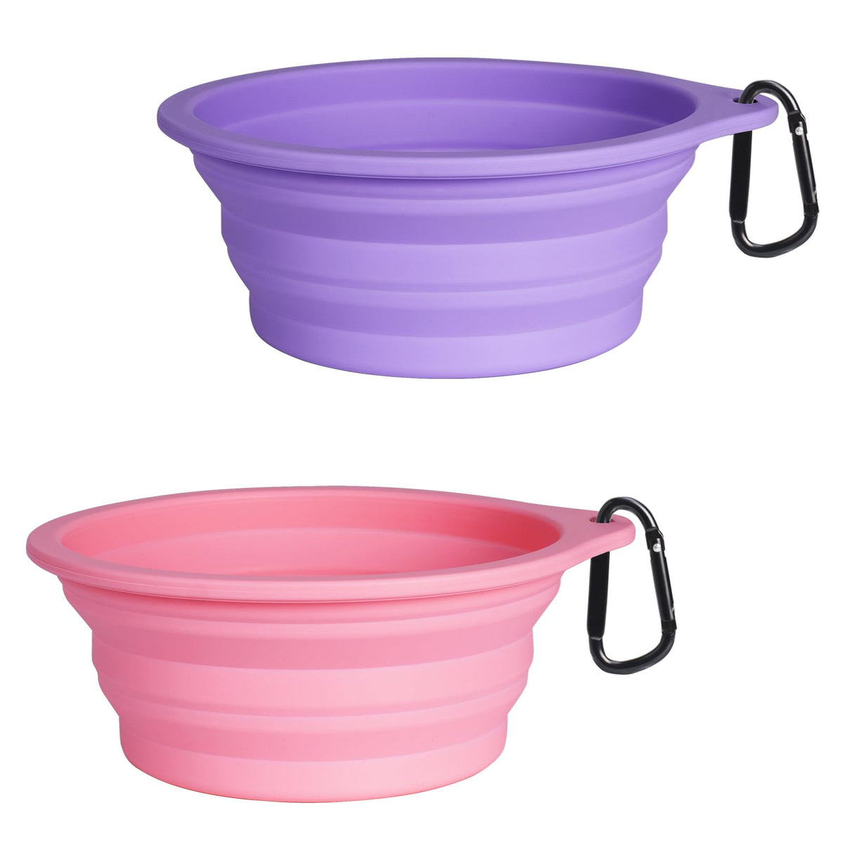PetBonus 2-Pack Silicone Collapsible Dog Bowls, BPA Free Dishwasher Safe, Portable Foldable Expandable Travel Bowl, Food Water Feeding Cup Dish for Dogs Cats with 2 Carabiners (Light Blue & Green)
